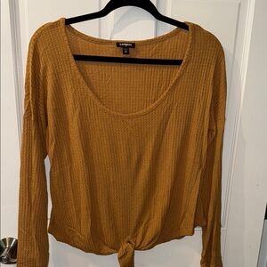 Express Yellow Ribbed Tie Front Long Sleeve Blouse